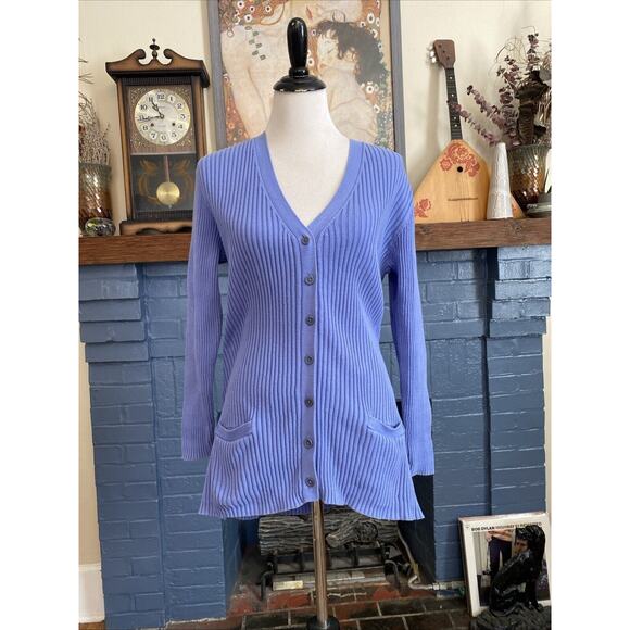 LL Bean XL Cardigan Sweater Light Blue Ribbed Knit Button 100% Cotton Classic - Picture 1 of 13